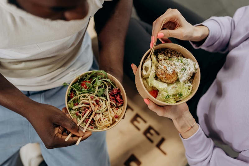 Two balanced meals representing strategic eating patterns for hunger management