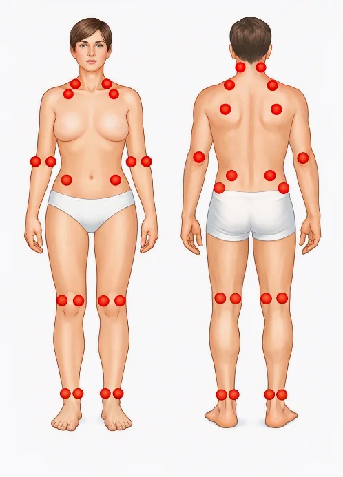 Front and back views of a human body with red markers at points across the neck, shoulders, arms, lower back, knees and ankles.